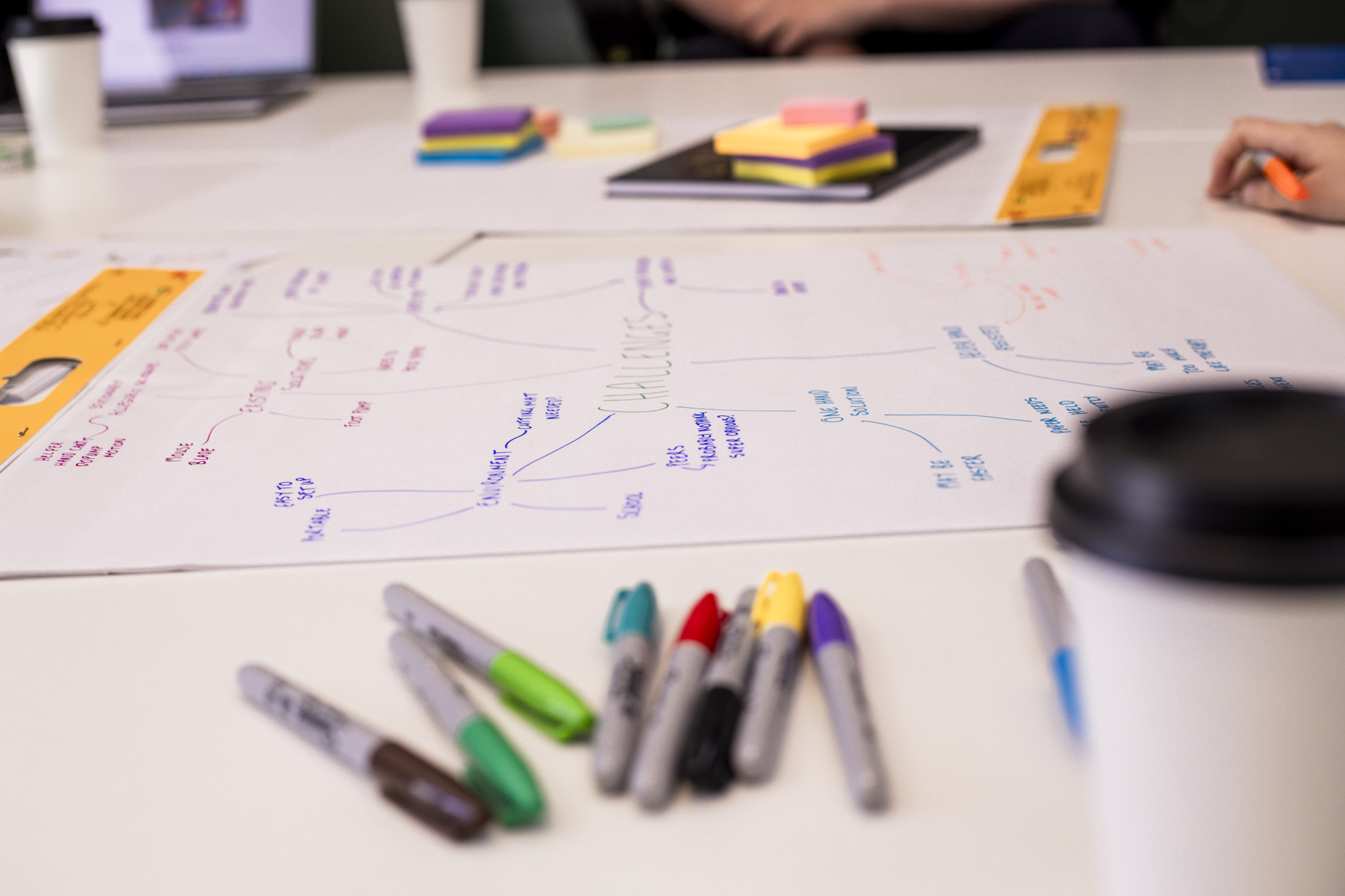Pens, paper and post-it notes spread out on a table.