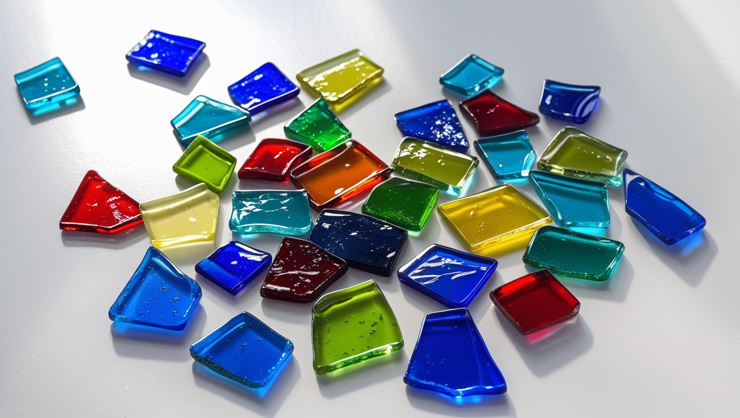 Mosaic glass pieces in vibrant colours.