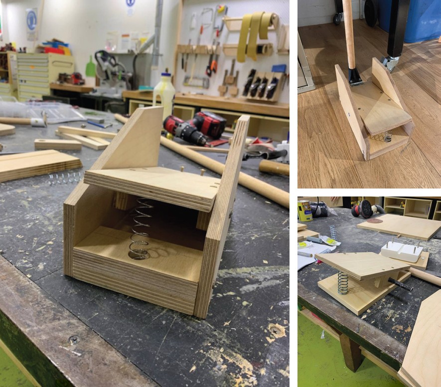 Three images of a wooden prototype of a foot pedal with a spring inside.