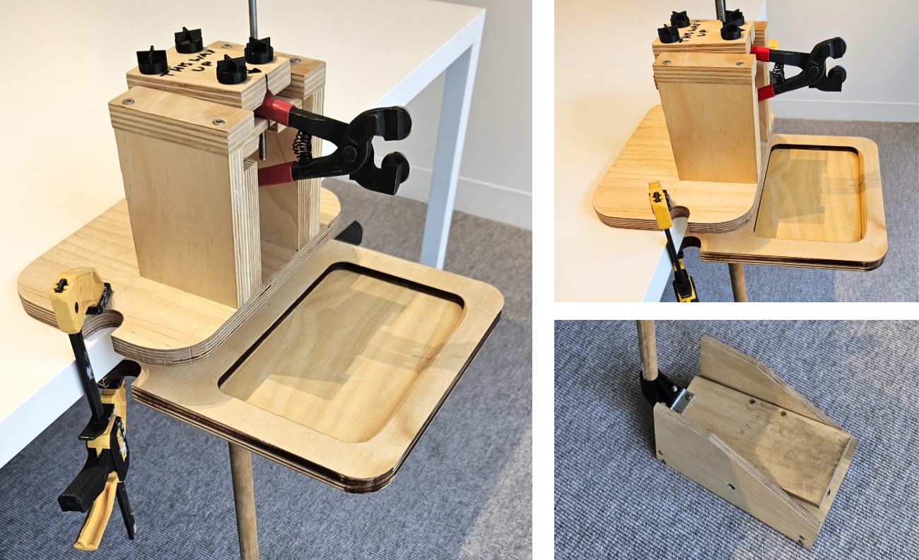 Three images of a wooden prototype with clamps and tongs attached.