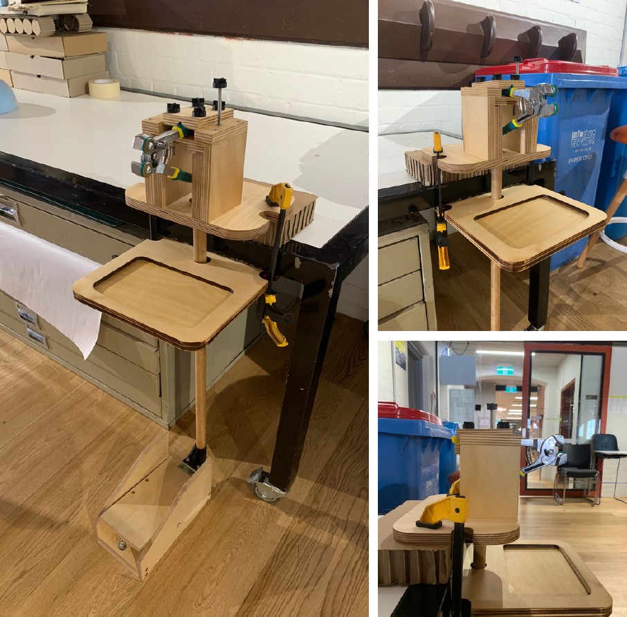 Three images of a wooden prototype with clamps and tongs set up in a workspace.
