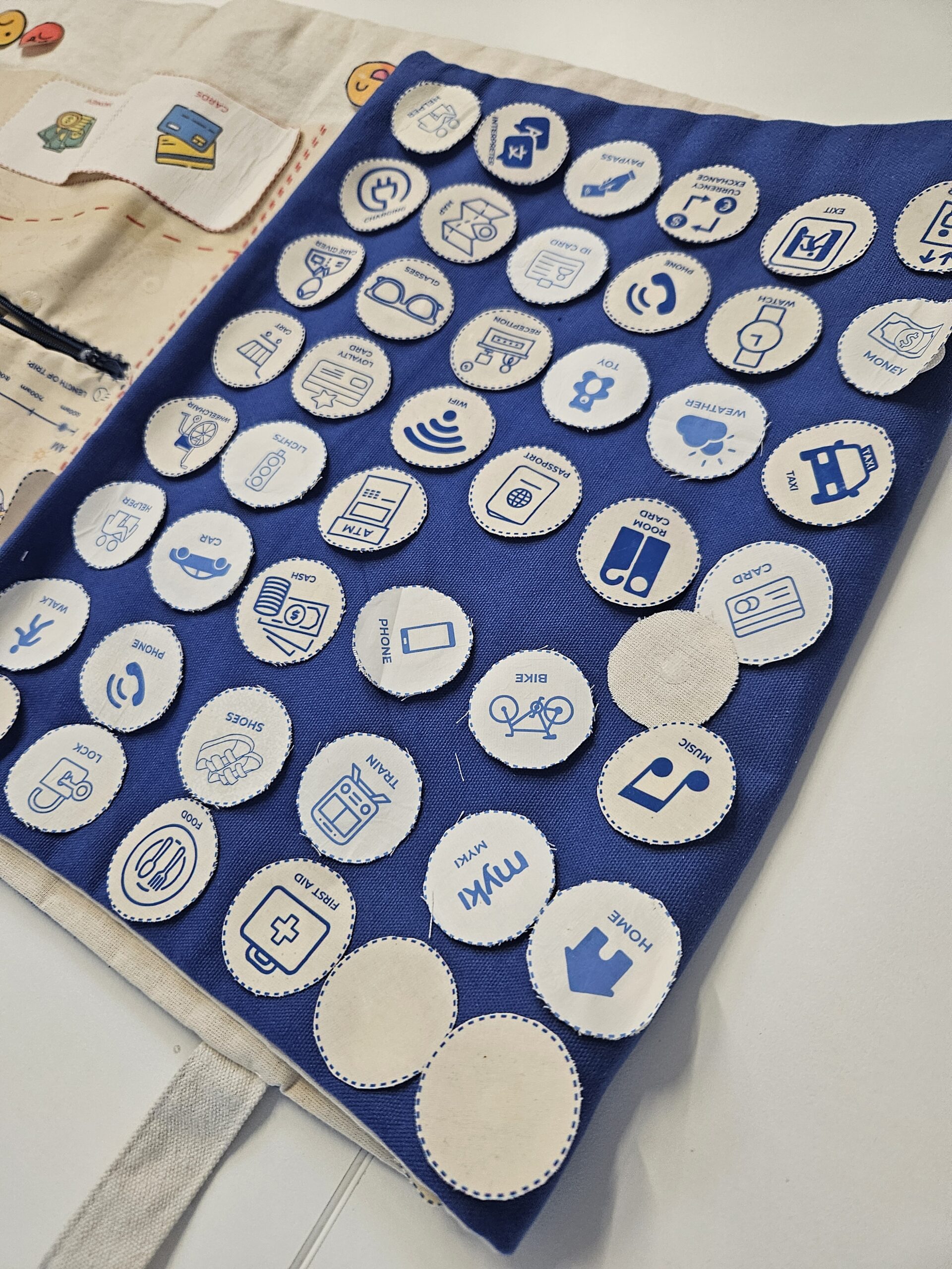 multiple circular graphic icons in a grid pattern on a blue background