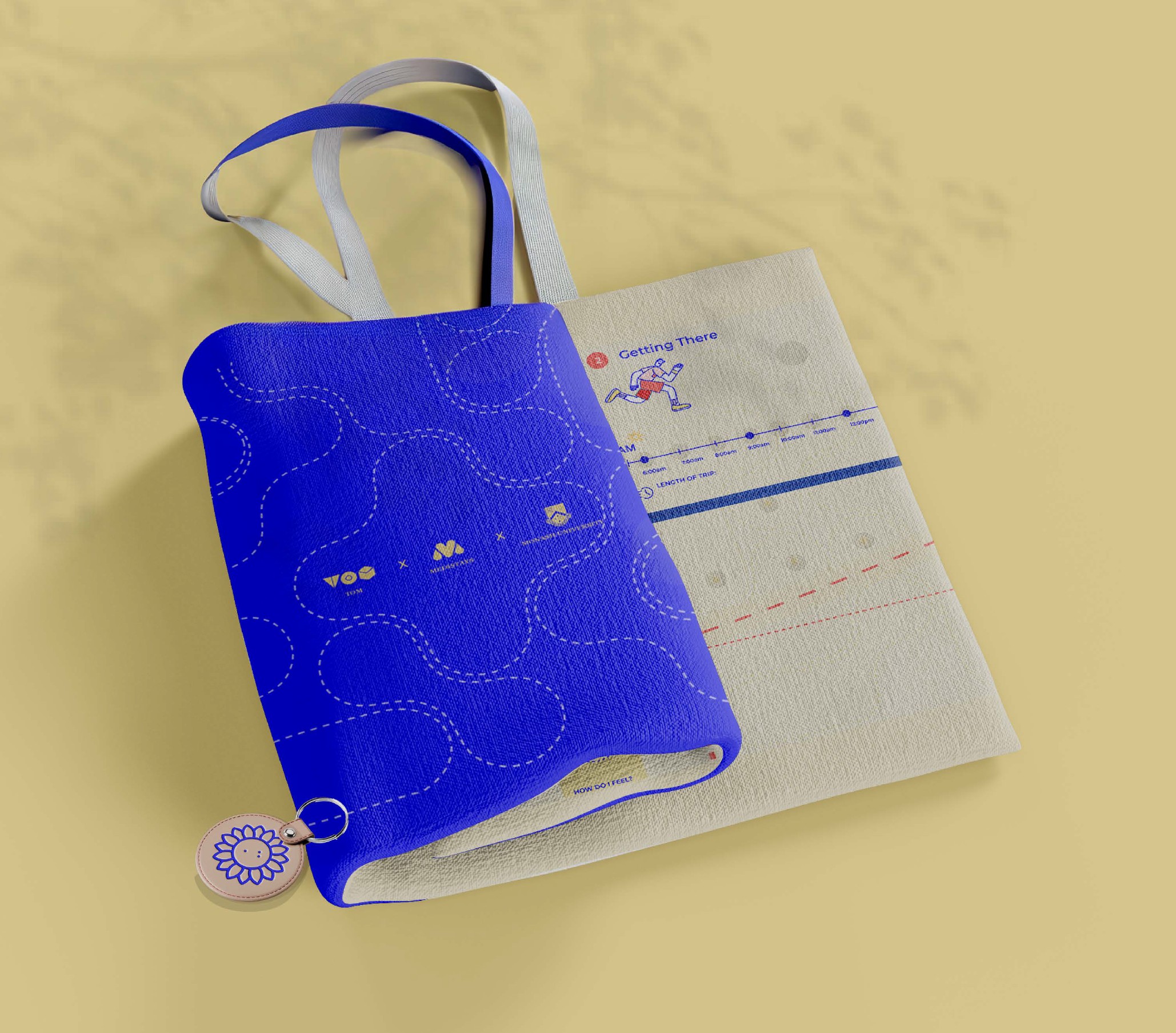 a folded cloth prototype with handles in blue and beige