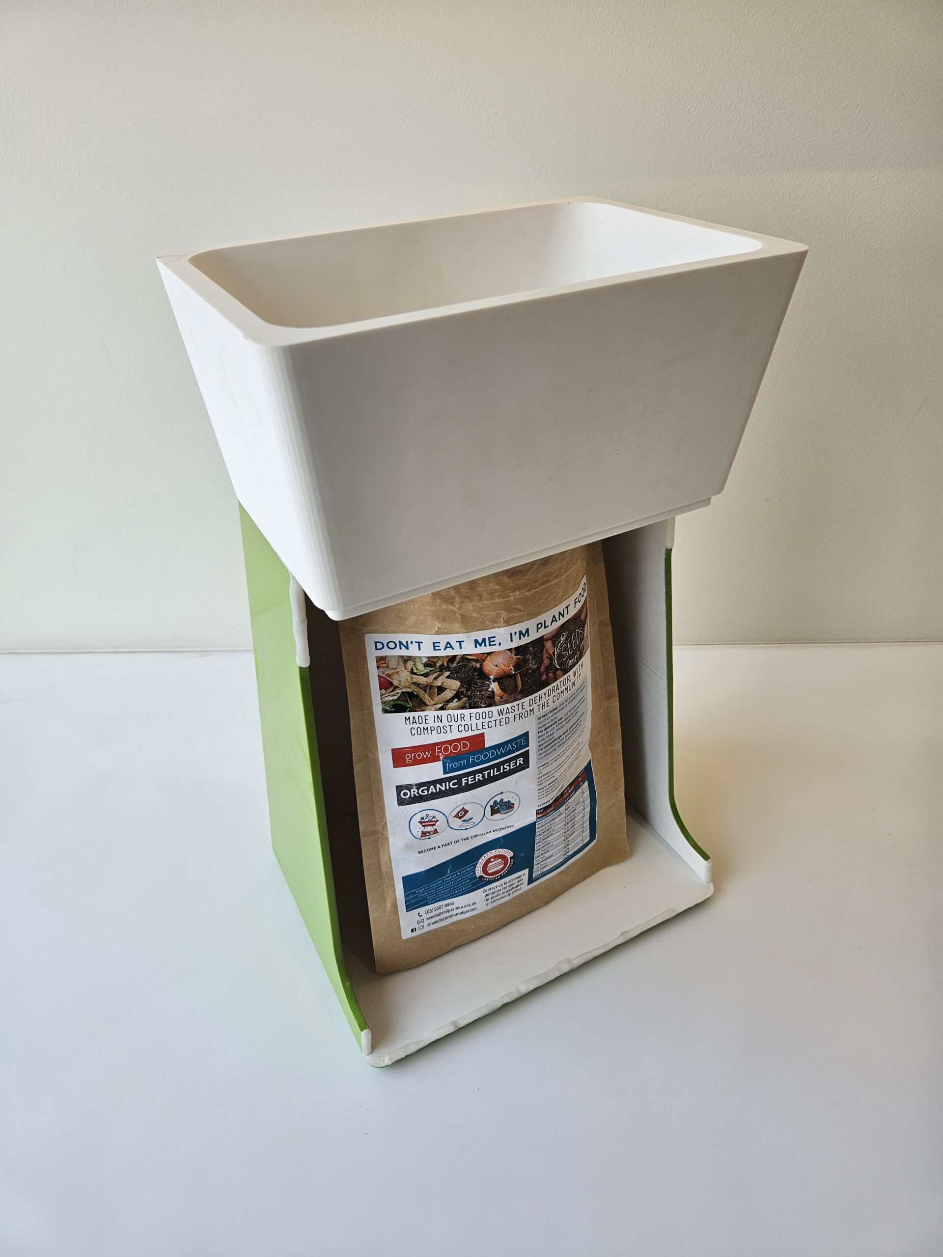 Bag buddy in the closed position, with bag connected