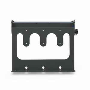 Speech Stand viewed directly from the front. It is dark grey in colour and features a wave shape cut-out in the centre