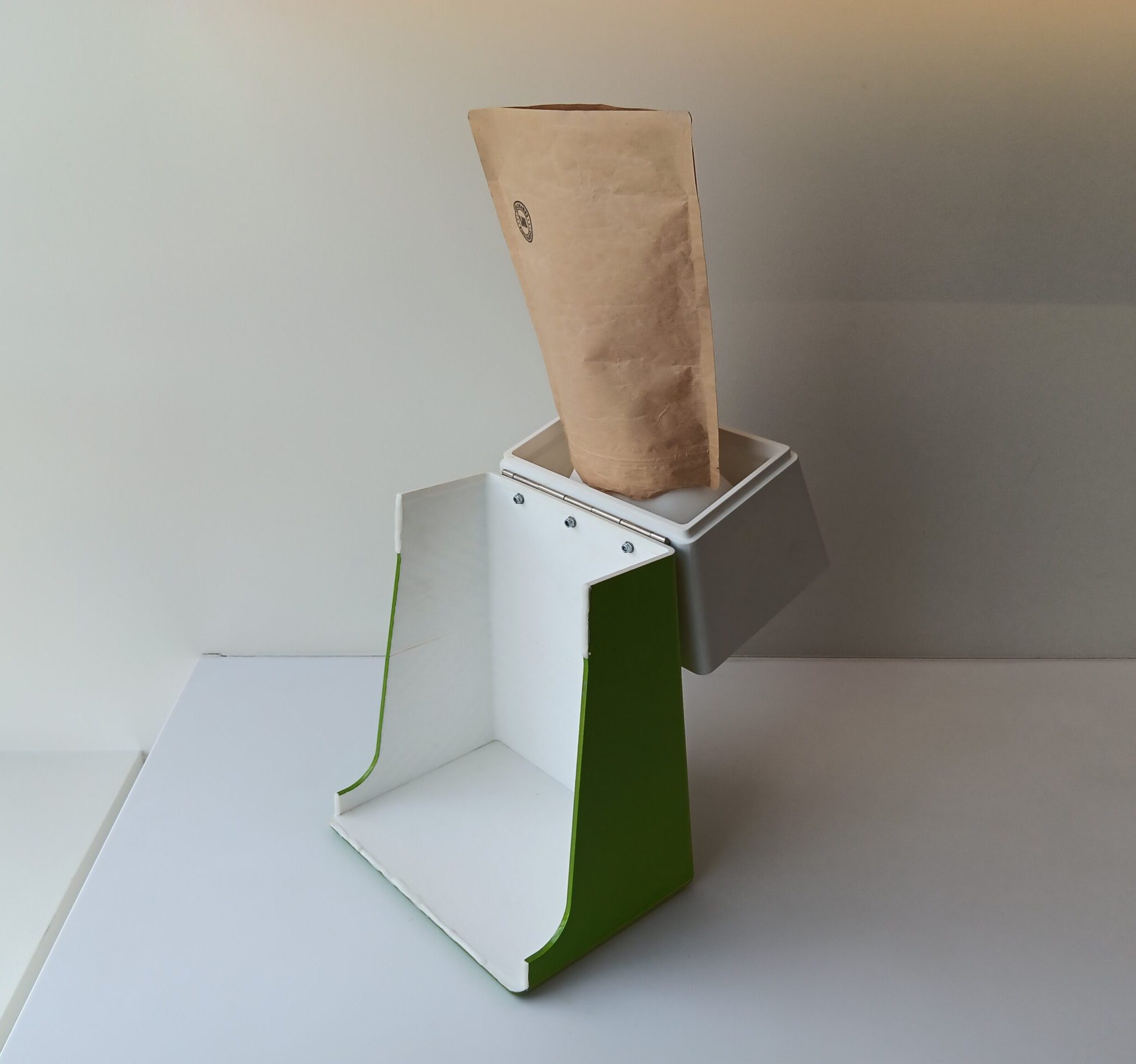 Bag buddy in the open position, with bag connected