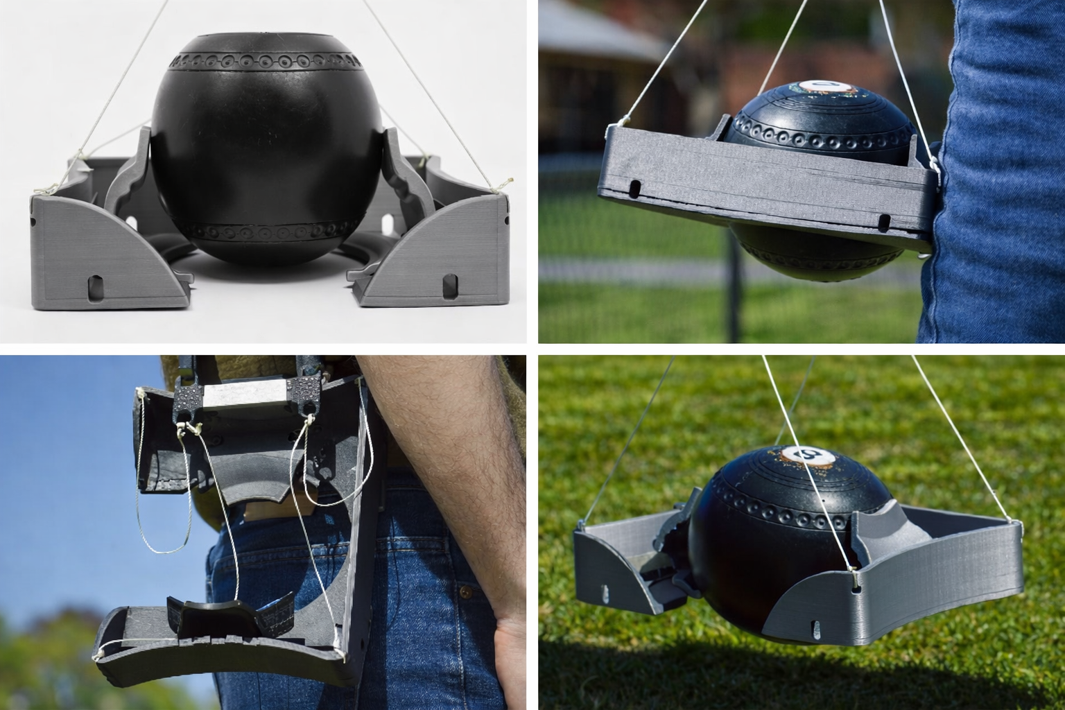 A grid of four images of the lawn bowls aid from various angles