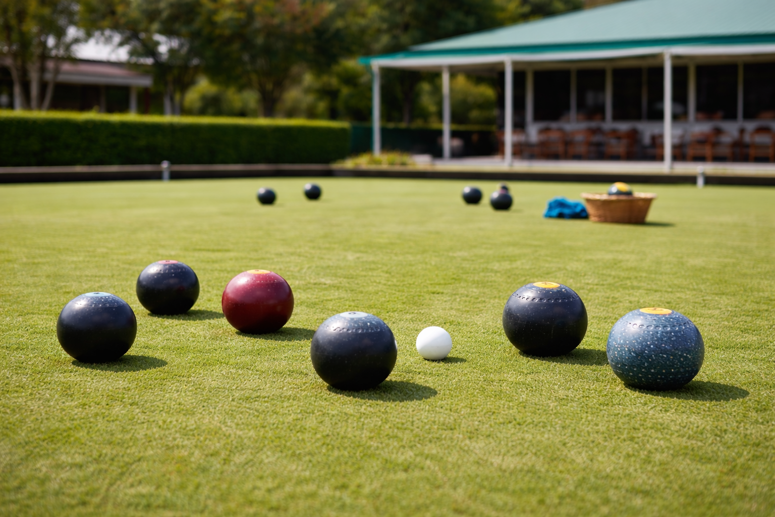 An image of a lawn bowls green with a collection of bowls