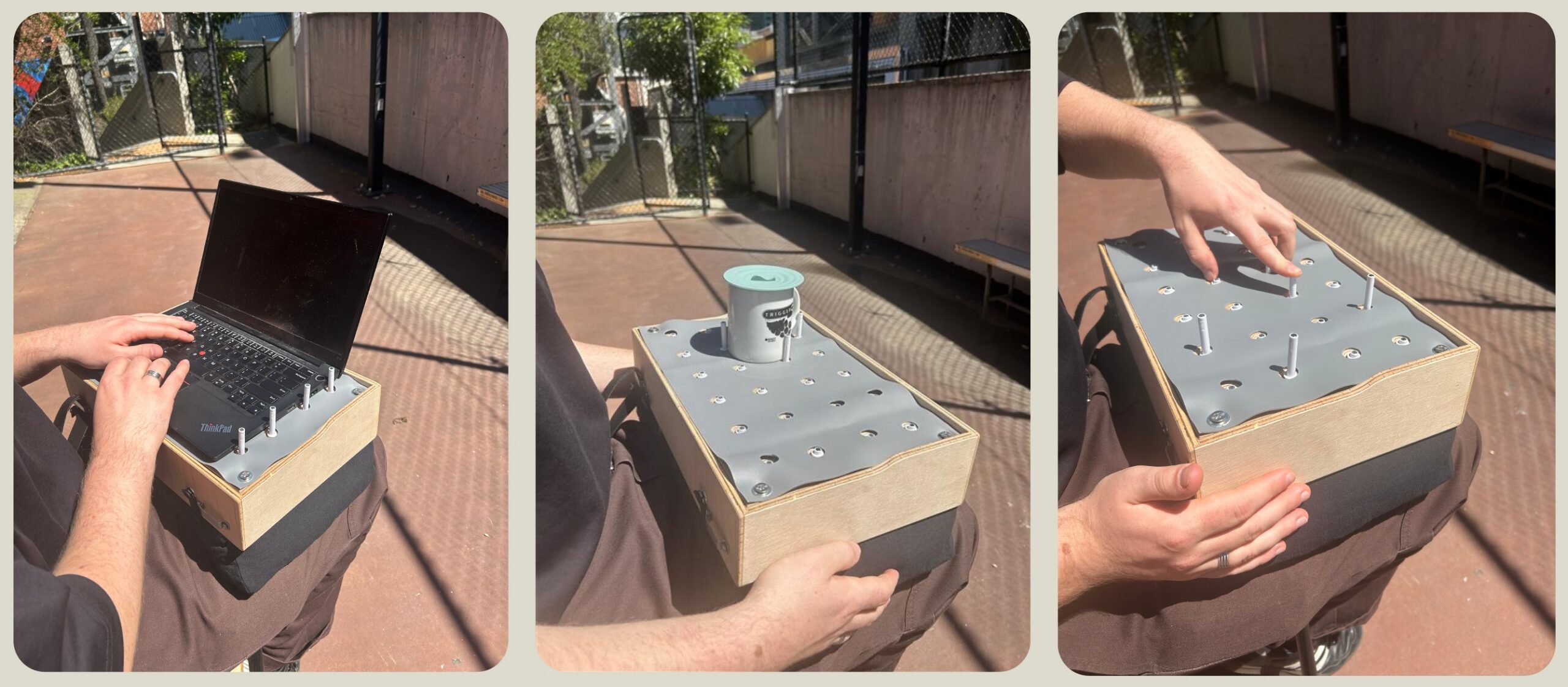 Three separate images of the lap mounted carry tray. From left to right; the tray is shown being used with a laptop, a mug with a silicone cover on top, and a person activating the pop-up dogs.