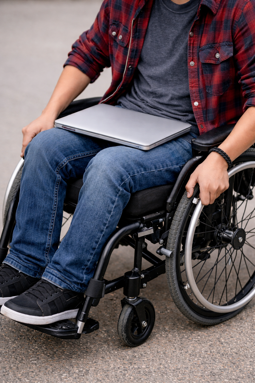 Person in a wheelchair with a laptop on their lap, while they use their hands to propel the chair